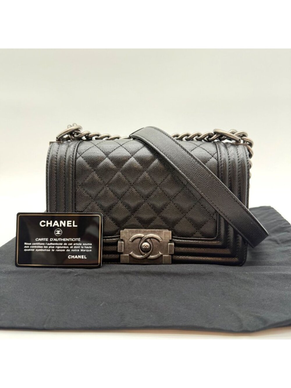 Chanel Boy Caviar Leather Shoulder Bag Black Silver
